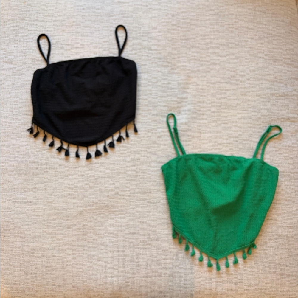 SHEIN Black and Green Tassel Trim Tank Tops